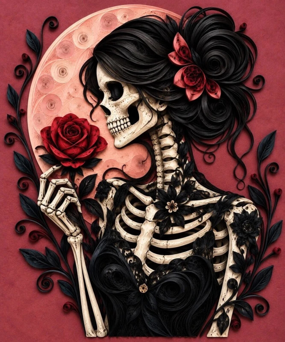 8x10 Framed Skeleton Woman Rose Quilling Art Print